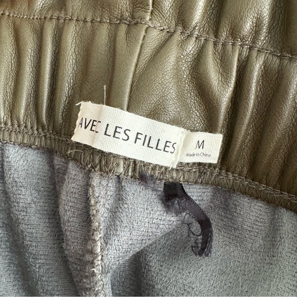 Anthro olive faux leather pant wide leg lounge pant trouser style elastic waist - Picture 8 of 11